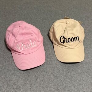 DALIX Bride Groom Dad Hats Baseball Caps Newlywed Wedding Party Gift Pink & Tan